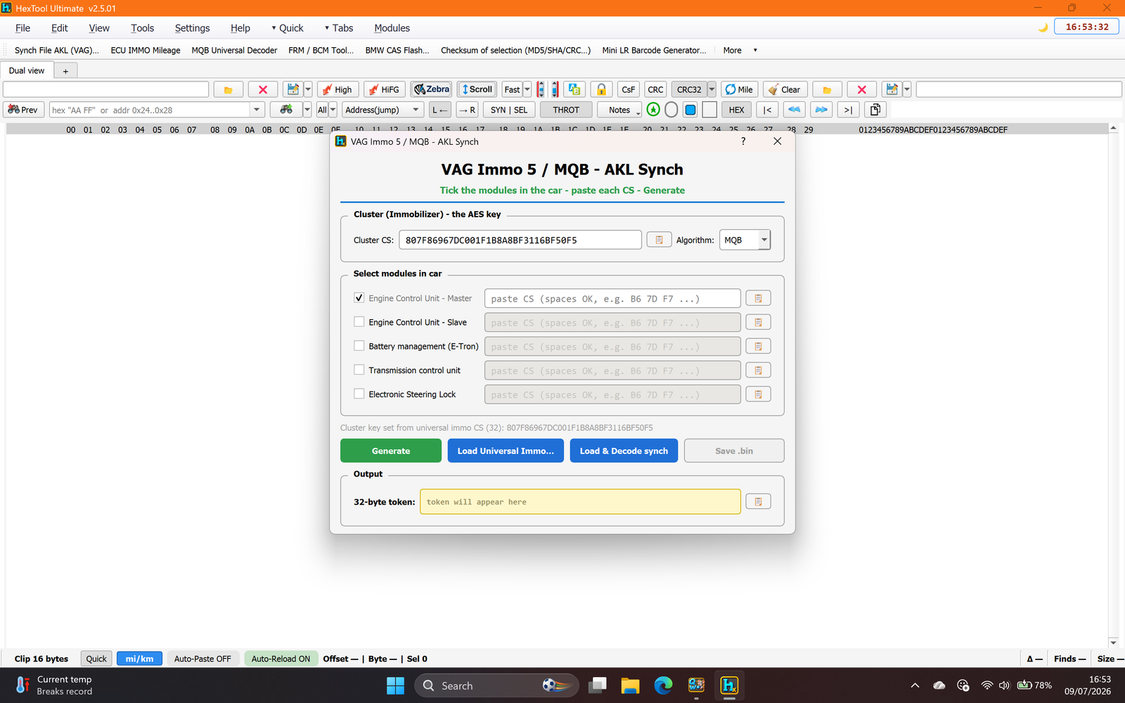AKL Synch dialog with cluster CS and algorithm set
