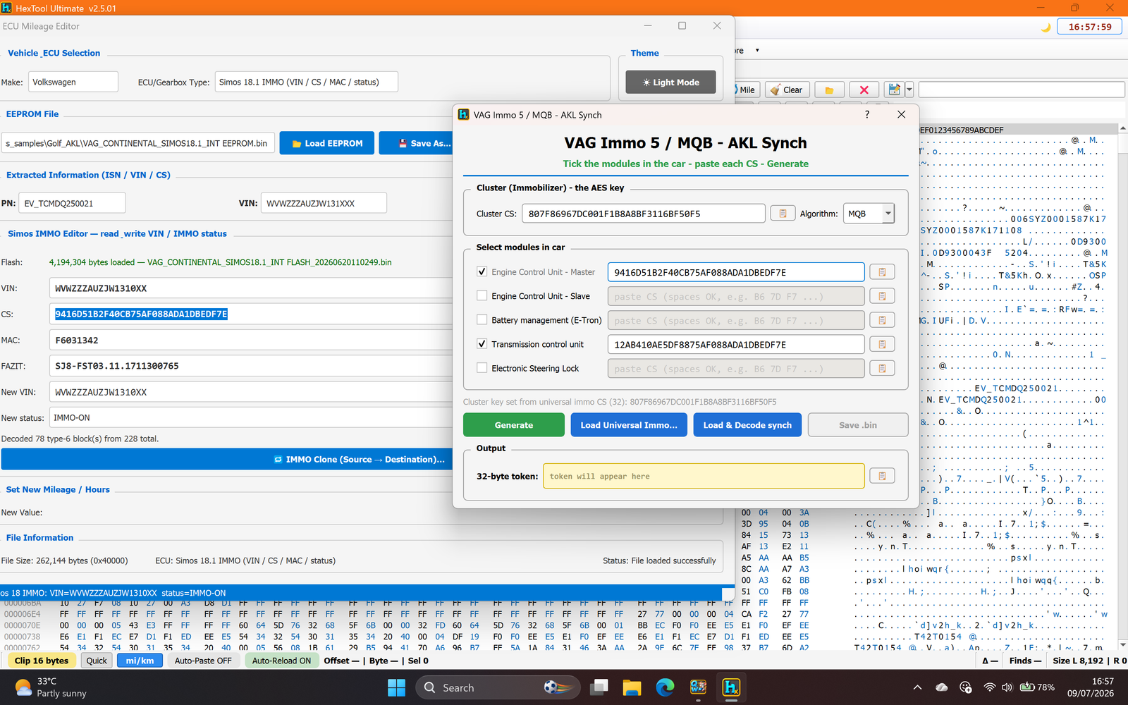 Simos 18.1 IMMO editor with VIN/CS/MAC/status decoded