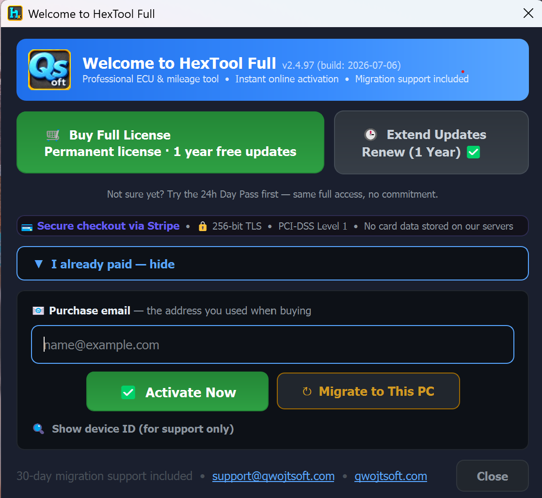 HexTool activation dialog — enter purchase email and activate