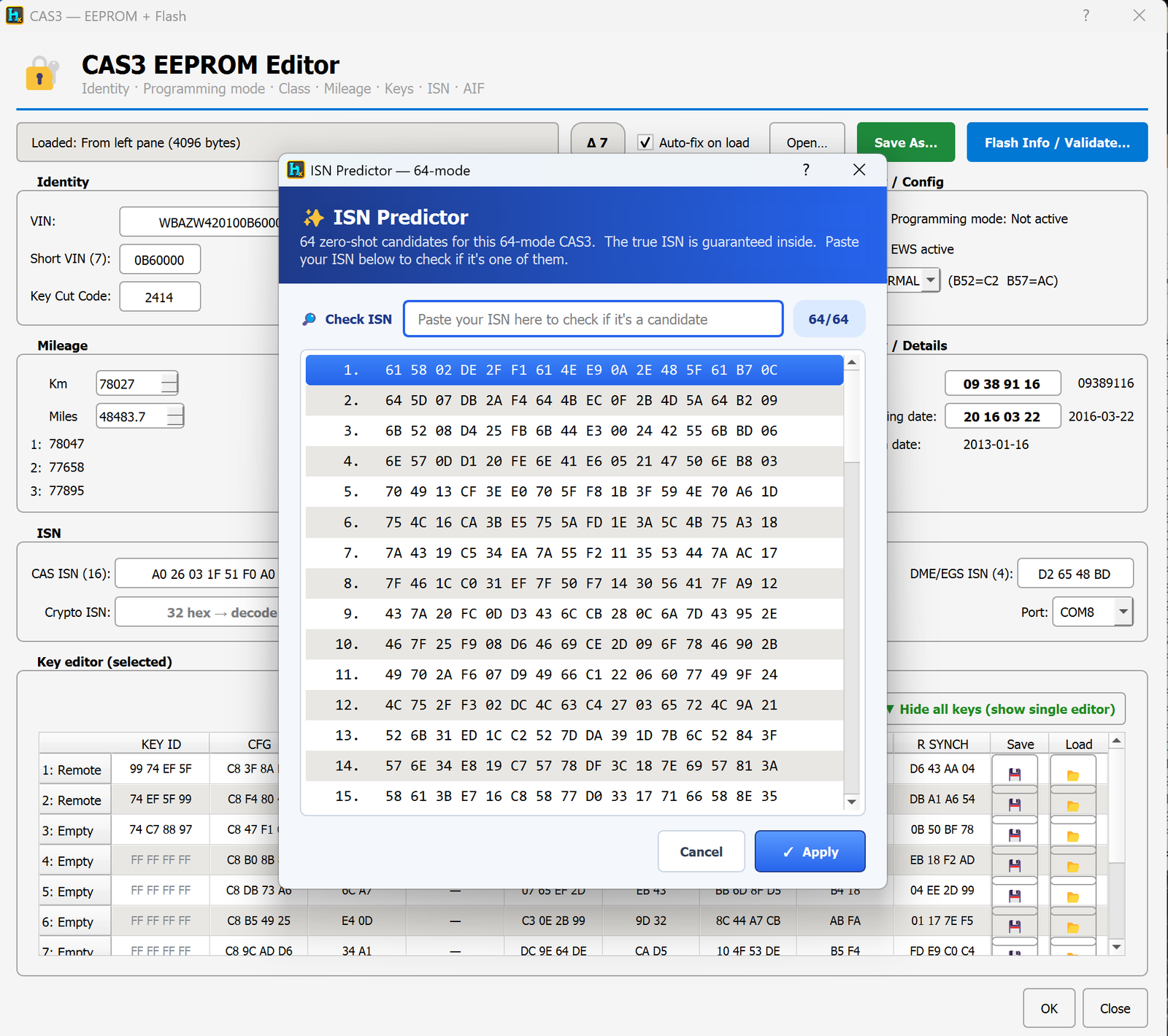 ISN Predictor showing candidate list