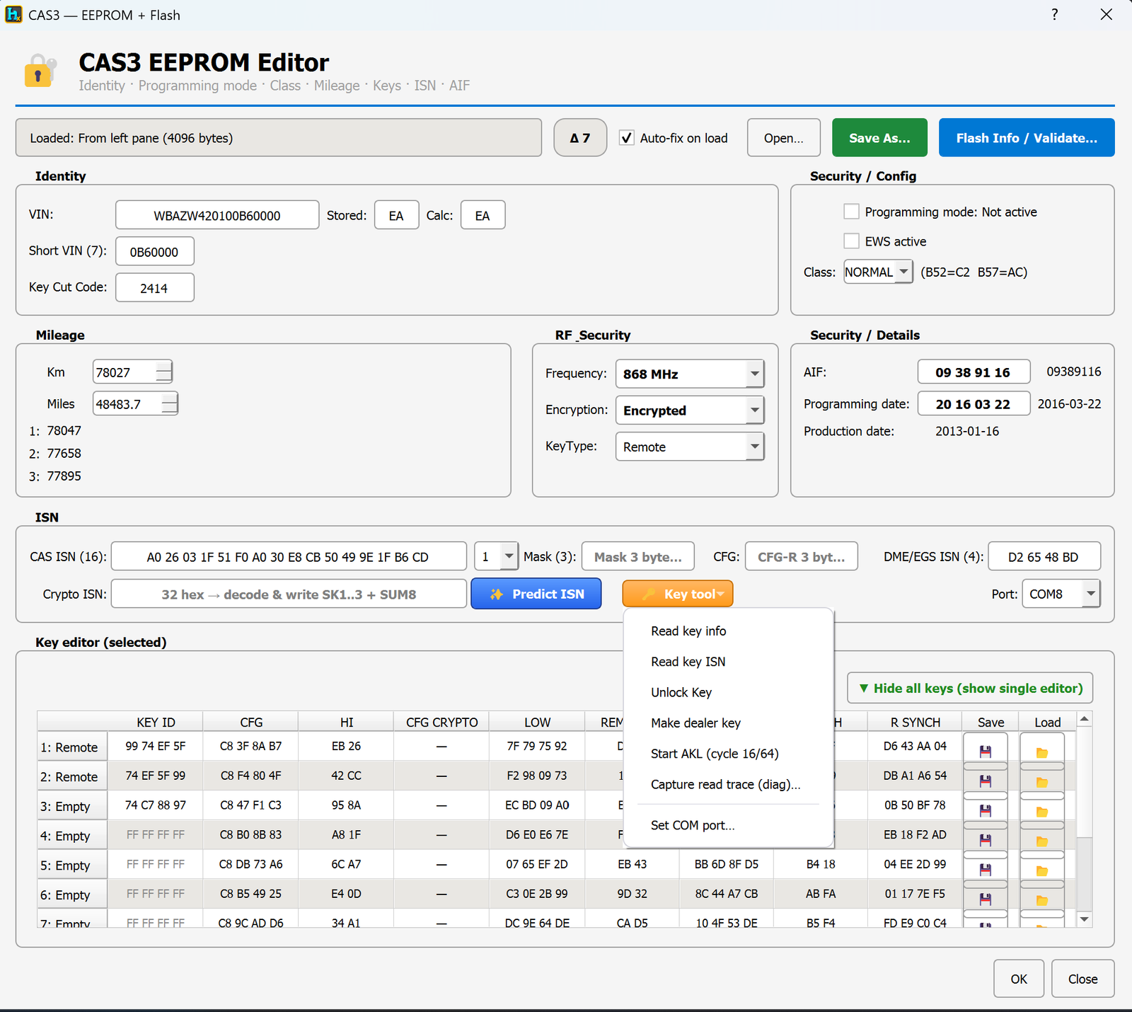 Key tool menu with programming options