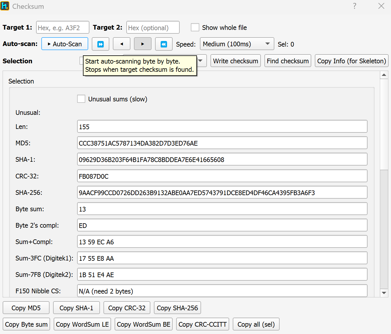 Checksum of selection dialog