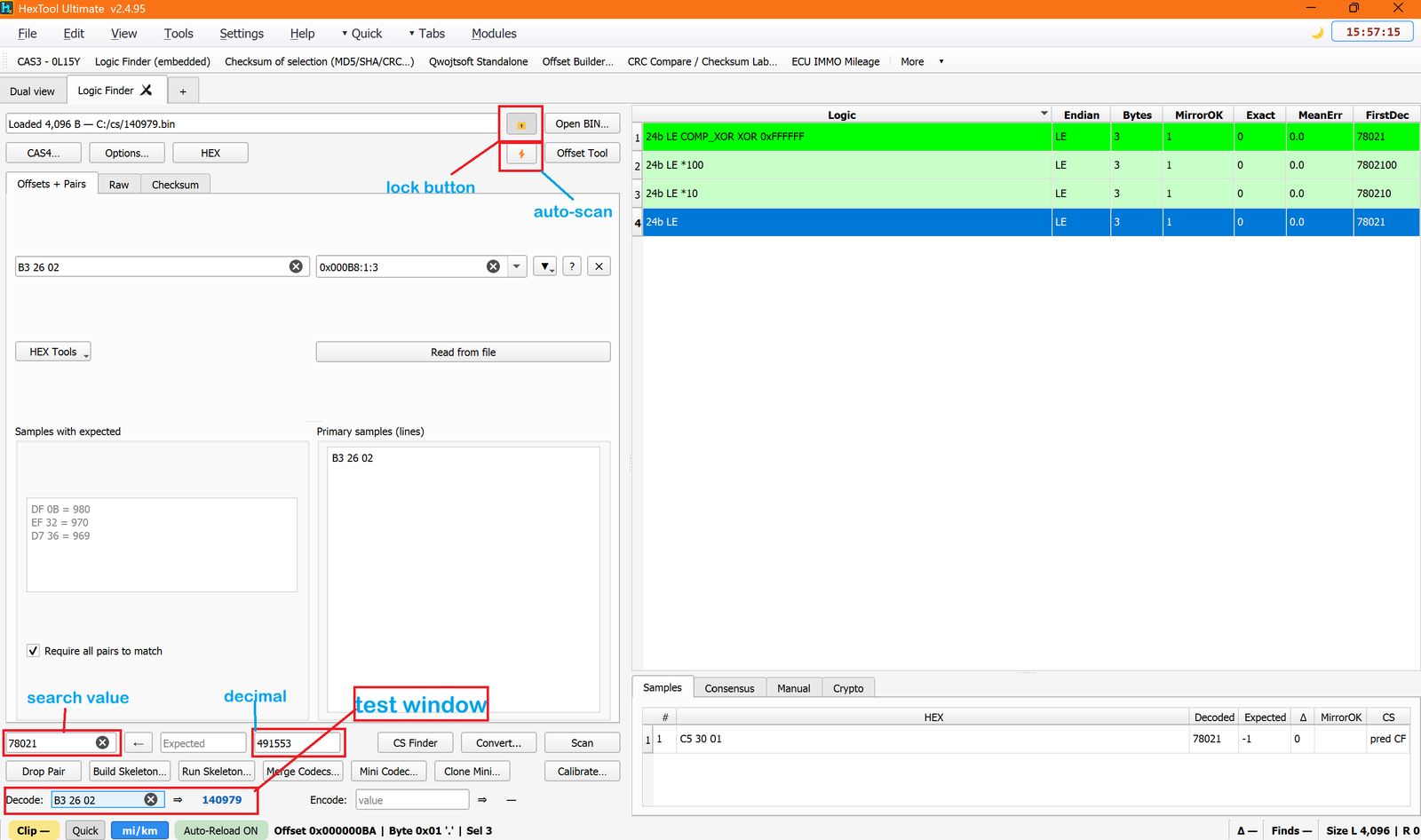 Lock, auto-scan, search value, decimal and test window