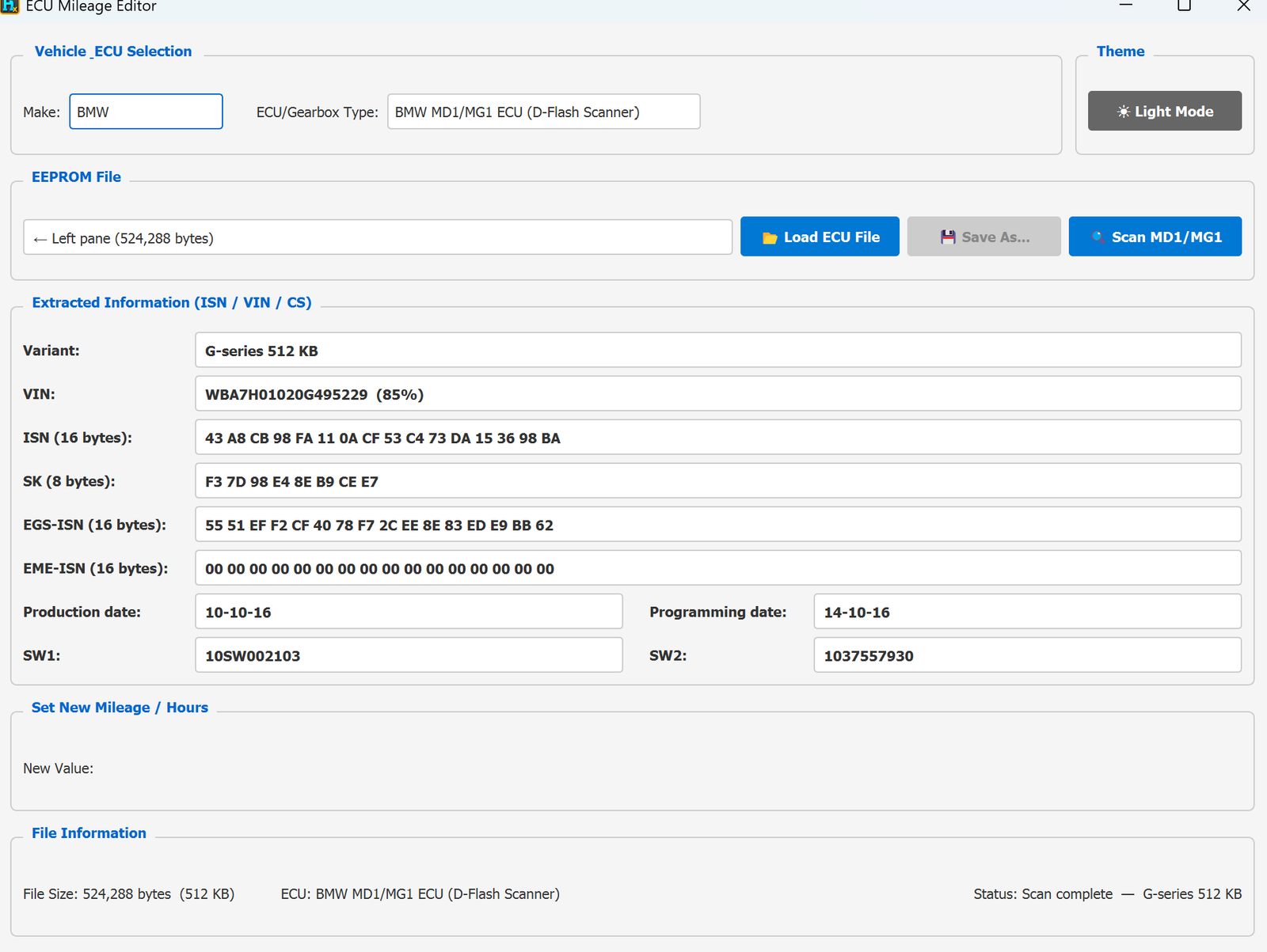 ECU Mileage Editor — MD1/MG1 G-series scan (adds SK and EME-ISN)
