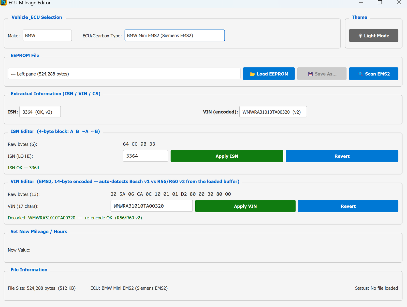 ECU Mileage Editor — EMS2 v2 (R56/R60) with ISN and VIN decoded