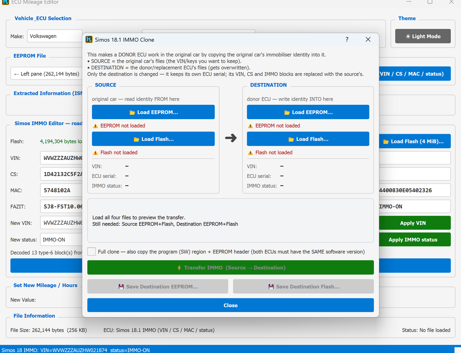 IMMO Clone dialog — Source/Destination file loading and Transfer