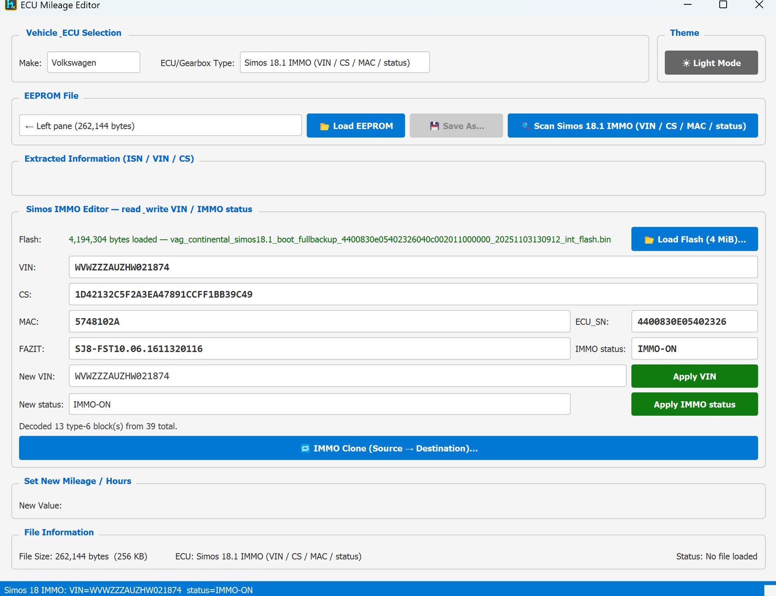 Simos 18.1 IMMO Editor — decoded VIN, CS, MAC, IMMO status