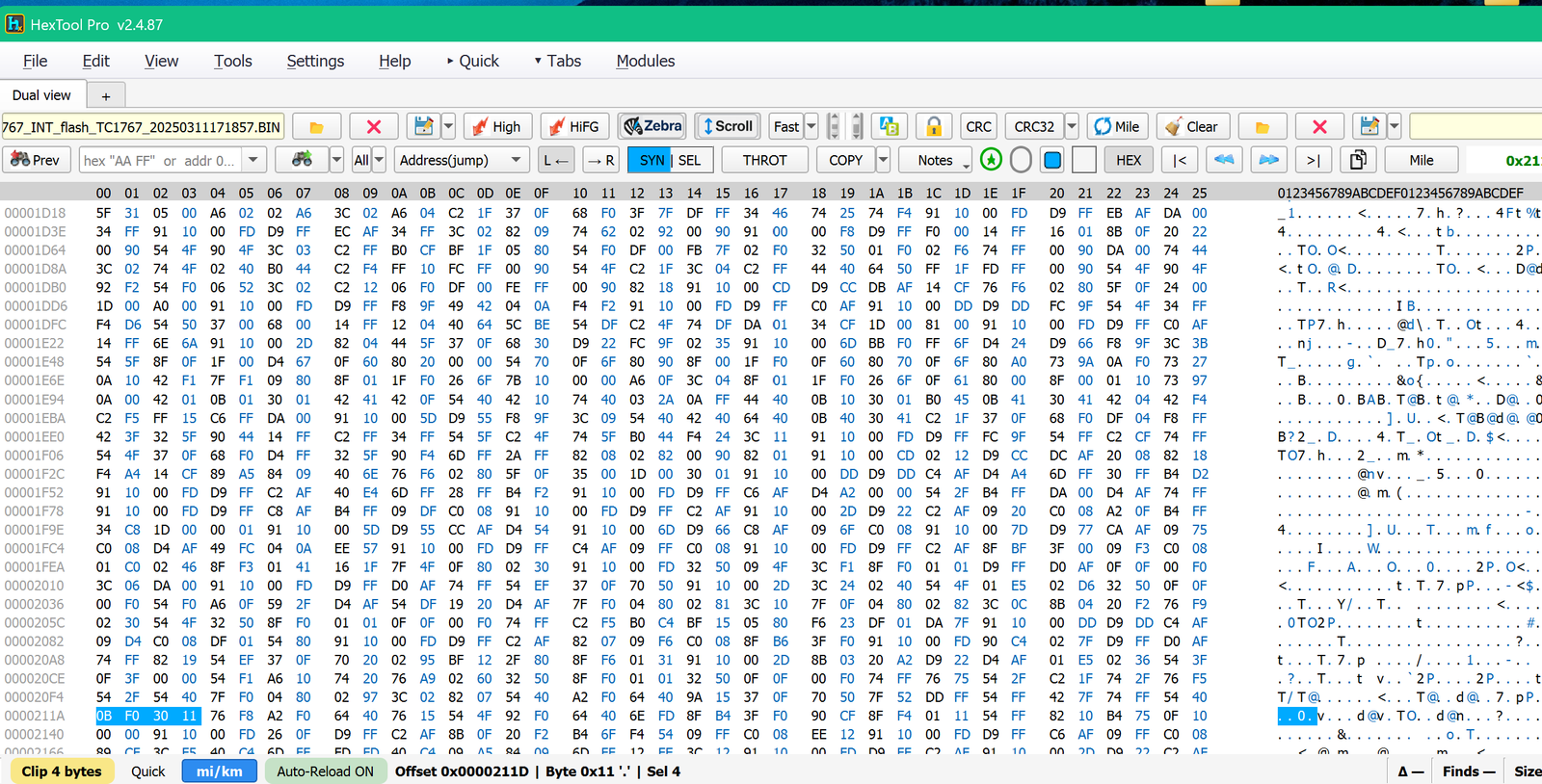 Double-click selects and copies a byte run