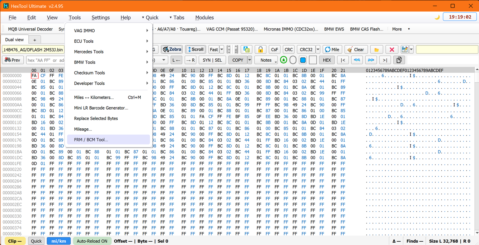 Tools → FRM / BCM Tool menu