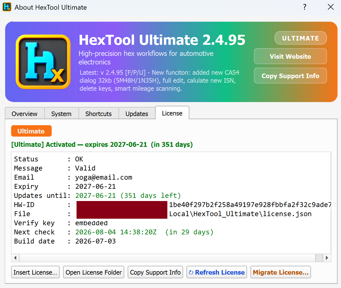 About → License tab showing activation status and the Migrate License button