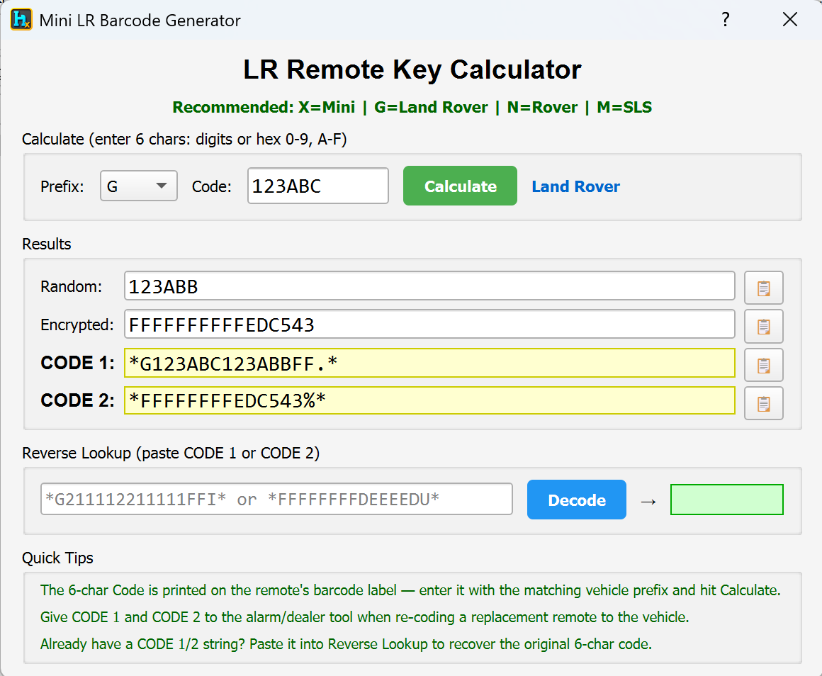 LR Remote Key Calculator