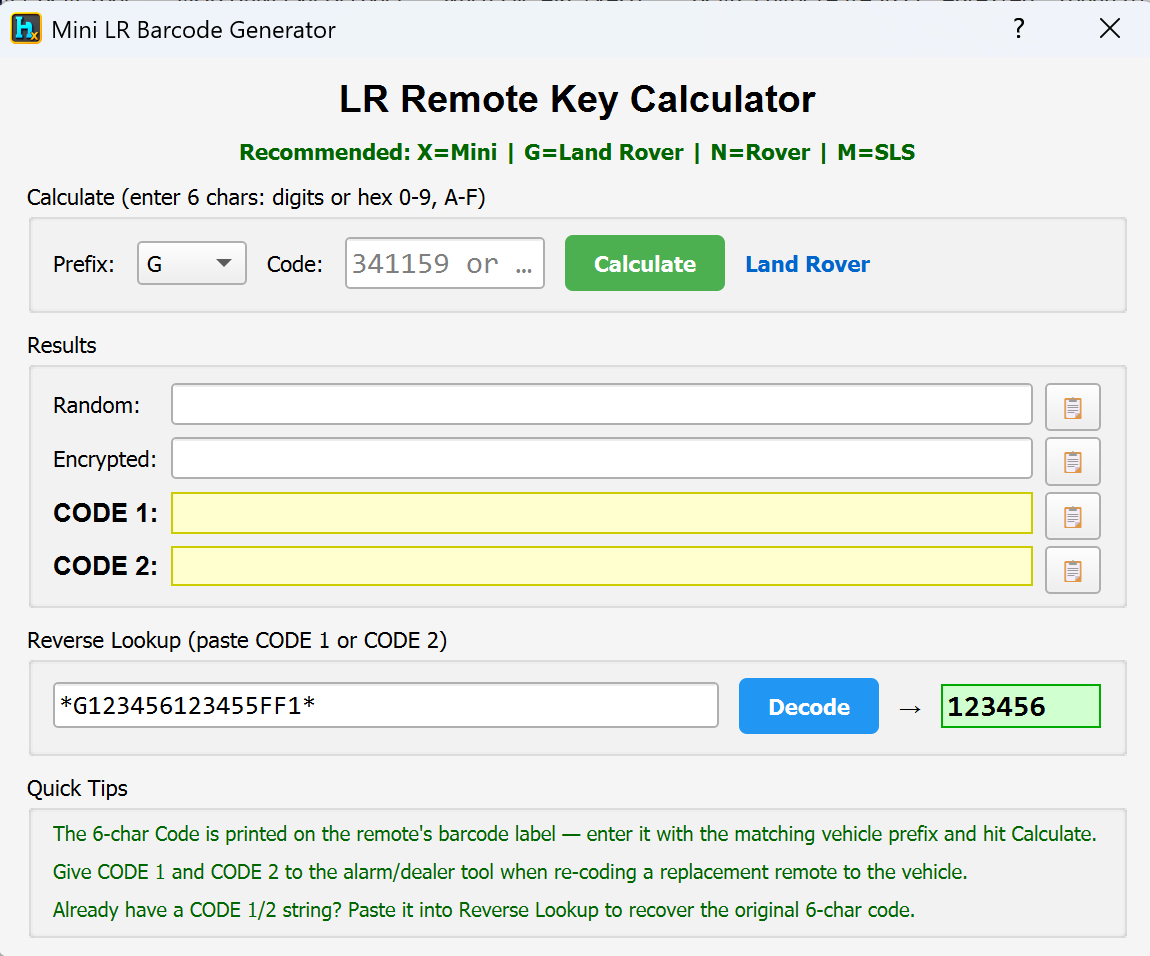 Reverse lookup decoding a CODE 1 string back to its 6-char code