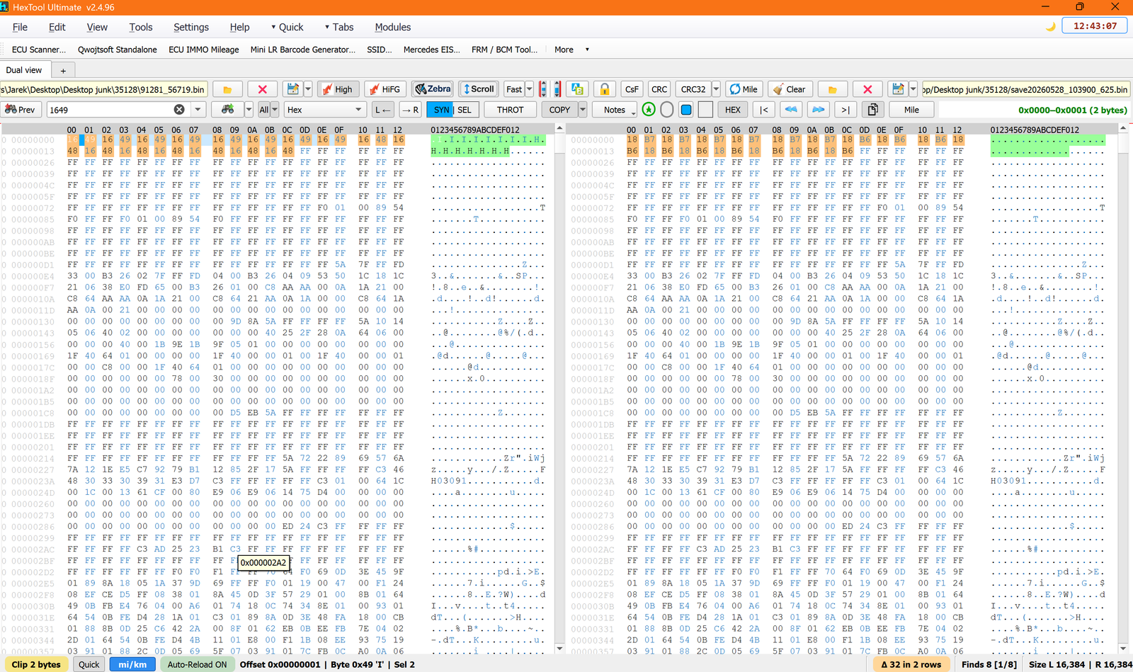 Status bar with Δ, Finds, and Size fields populated
