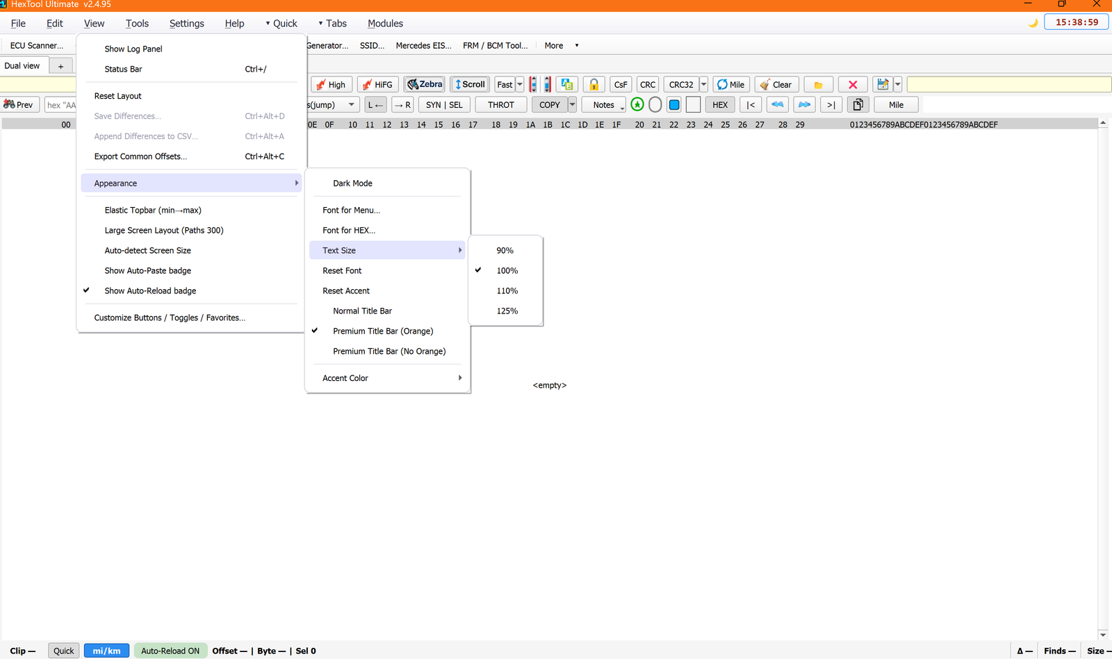 View menu — Appearance submenu expanded