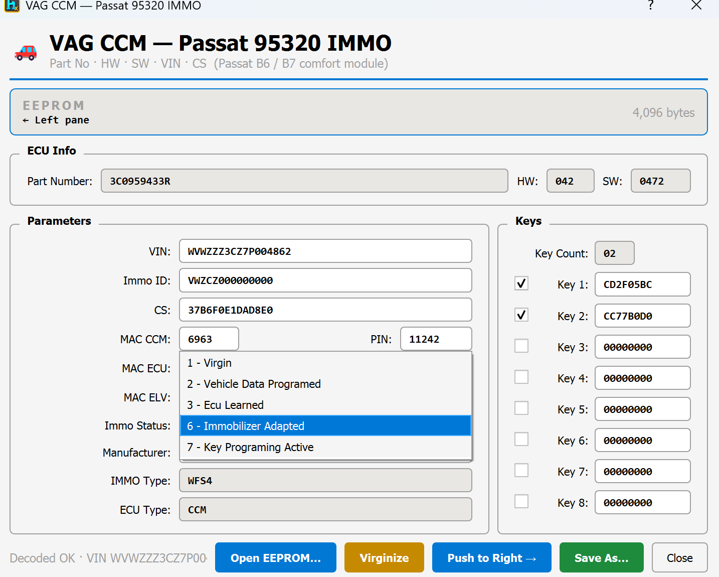 Immo Status dropdown expanded
